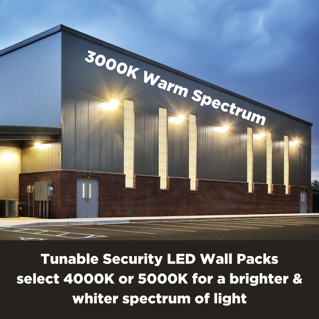 Tunable security LED wall packs. Color temperature ranging from 4000K or 5000K for a brighter and whiter spectrum of light.