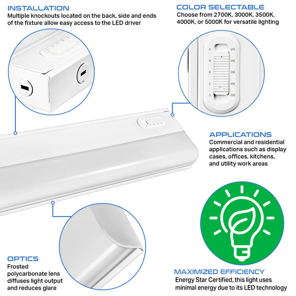 GoodBulb | 18" Color Selectable LED Under Cabinet Light Fixture | 9W | 120V | 90 CRI | 2700K–5000K | Hardwired | Dimmable