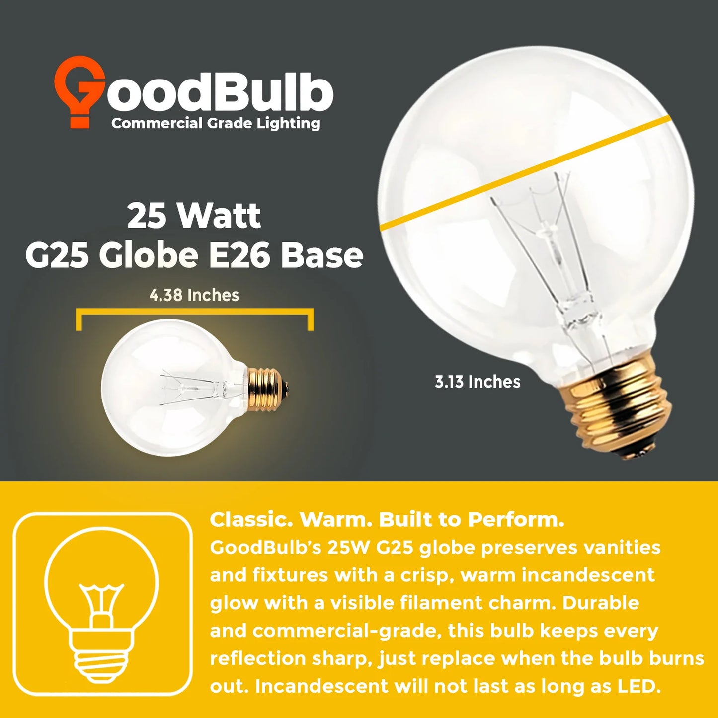 GoodBulb Incandescent Vanity Light Bulb | 25W | G25 Globe | Clear | 120V | 2500 Hr Life | E26 Brass Base