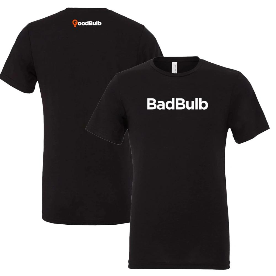 All black short sleeve t-shirt with text saying BadBulb.