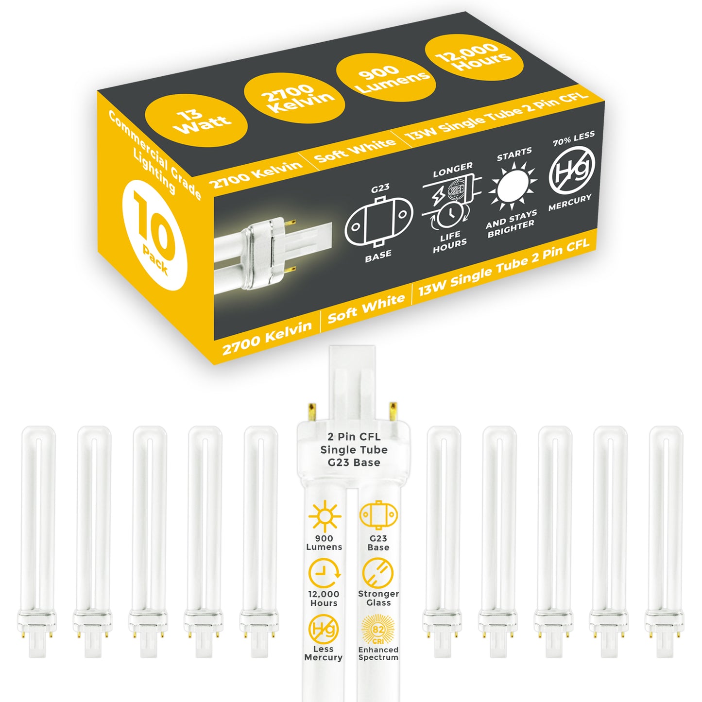 13 Watt CFL Light Bulbs - 2 Pin GX23 Base - 2700K Incandescent Glow - 13W 900 Lumens - Single Tube Compact Fluorescent Light Bulbs Plug-in