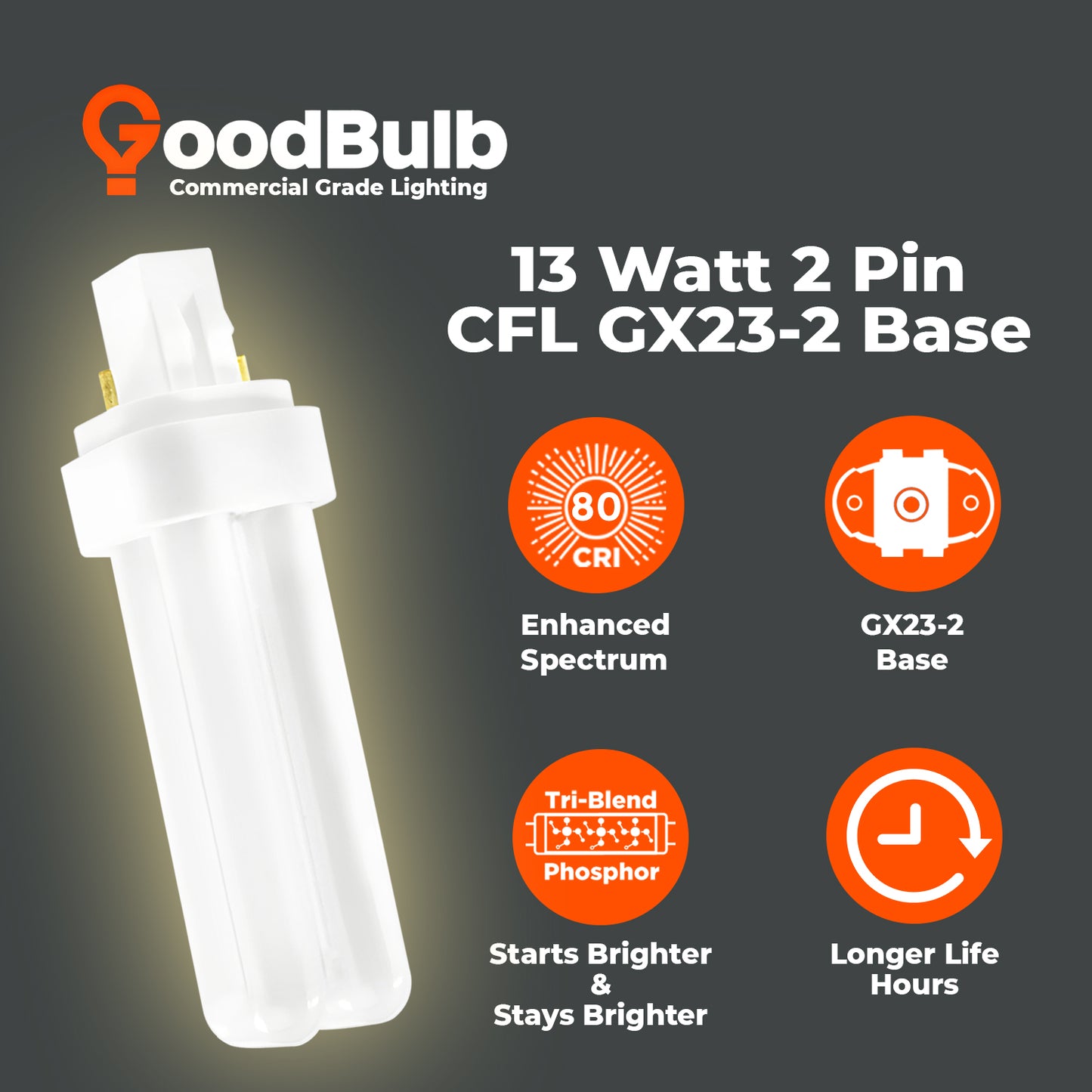 benefits of CF13W/830/DT/2P compact fluorescent bulb features GX23-2 base, 3000K warm white, 780 lumens