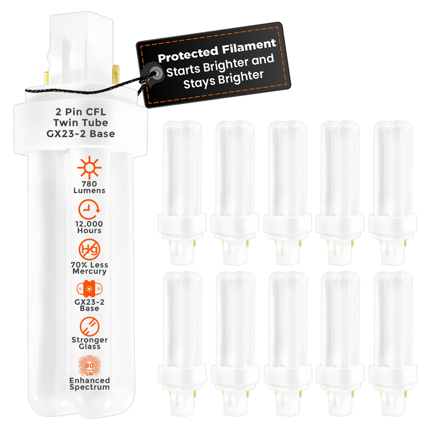 CF13W/830/DT/2P compact fluorescent light bulb with GX23-2 base, 13 watt 3000K warm white plug-in CFL