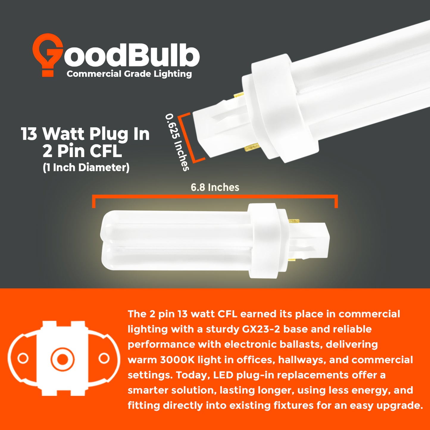 CF13W/830/DT/2P 13W compact fluorescent lamp with GX23-2 base showing bulb length and size dimensions