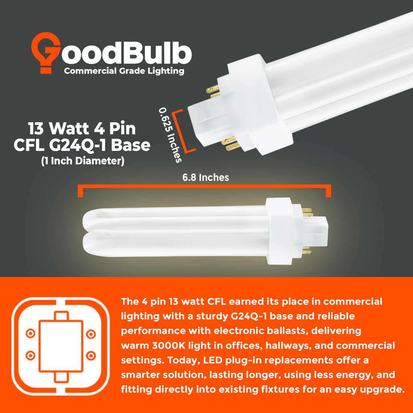 CF13W/830/DT/4P 13W CFL Plug-In Bulb with GX24Q-4 4-Pin Base size and dimensions chart