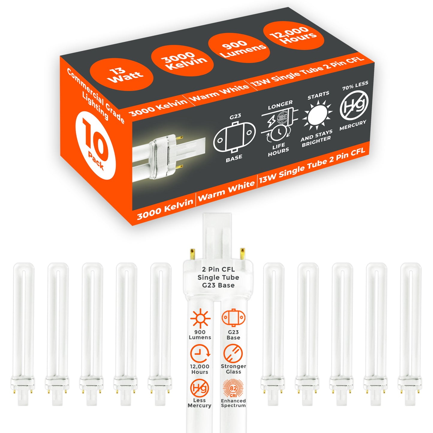 13 Watt CFL Light Bulbs - 2 Pin GX23 Base 3000K Warm White - 13W High Output 900 Lumens - Single Tube Compact Fluorescent Light Bulbs Plug-in - 10 Pack