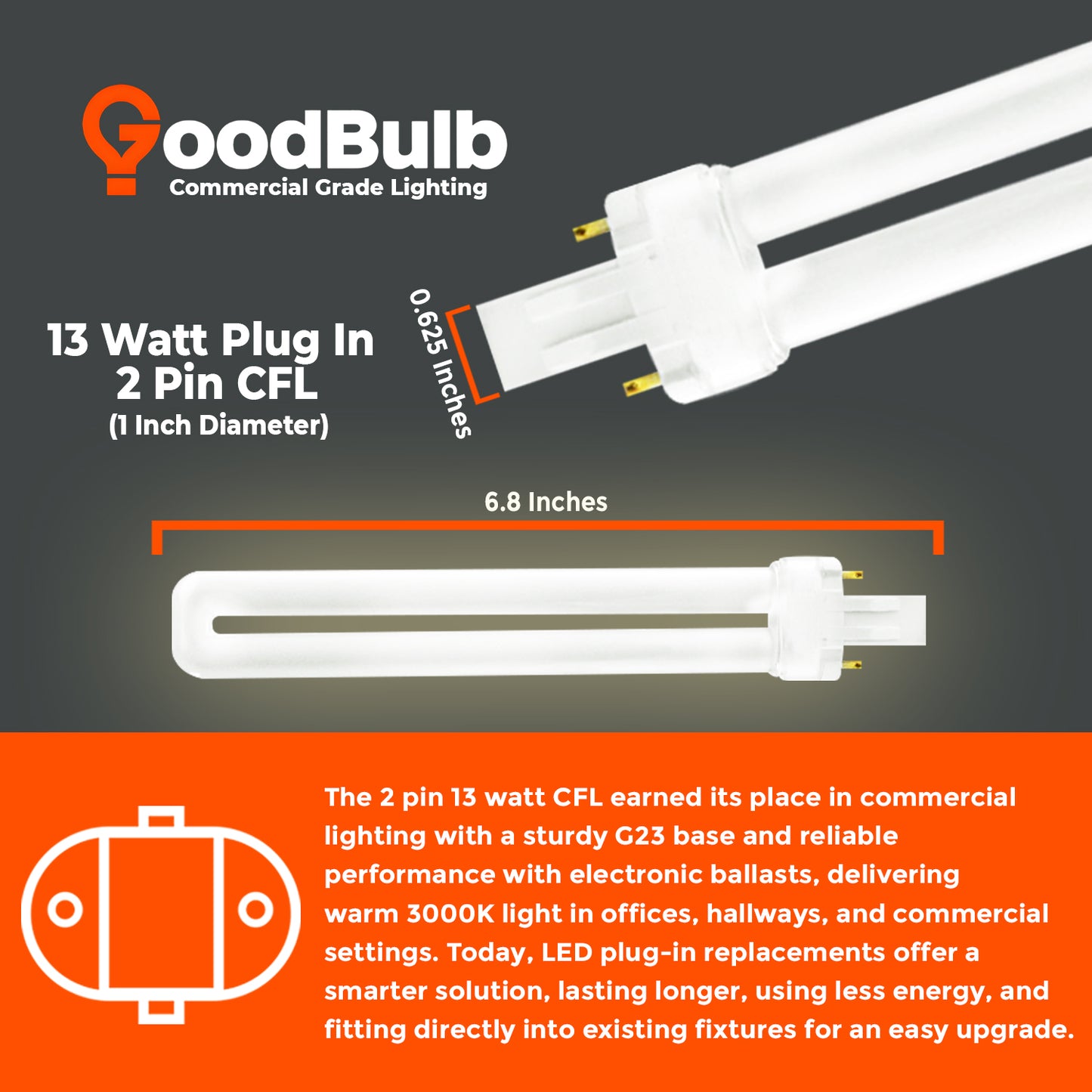 Dimensions of CF13W/830/ST/2P 13W CFL Bulb – Compact 2-Pin Plug-In Lamp for Residential and Commercial Lighting
