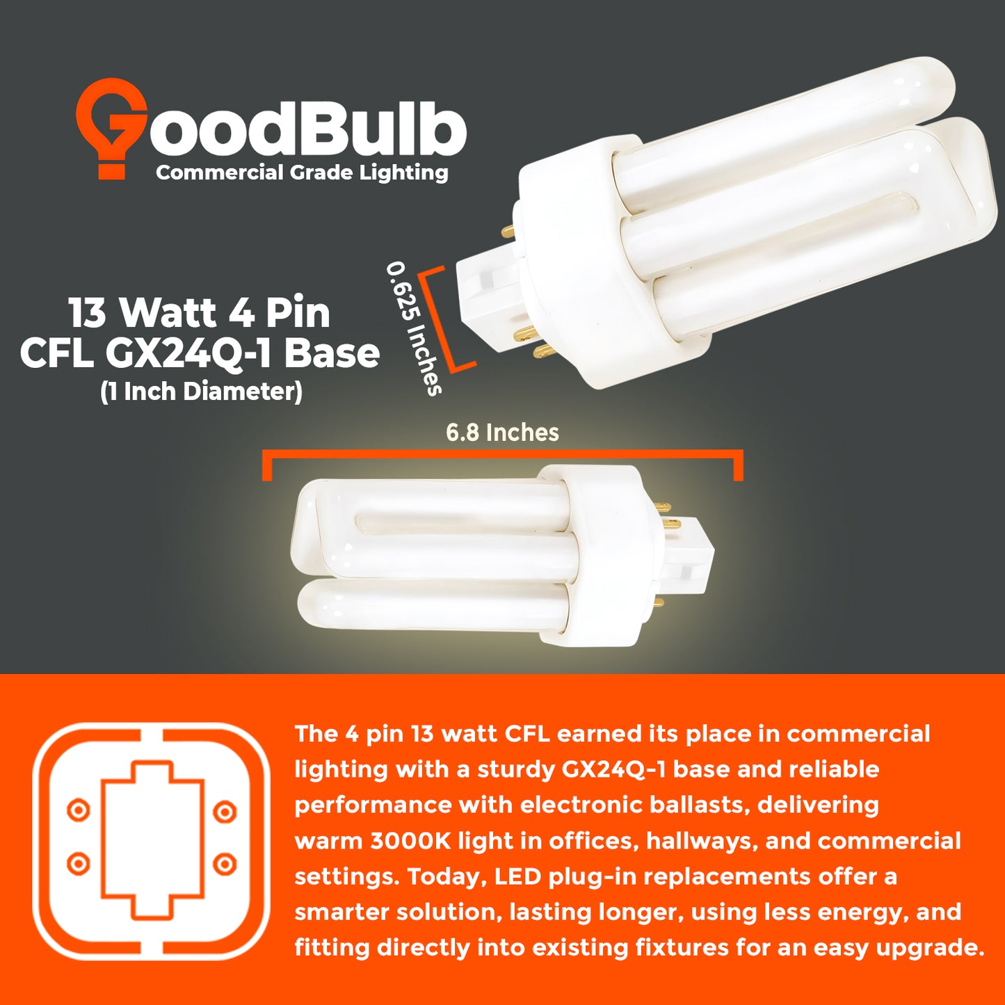 CF13W/830/TT/4P 13W Triple Tube CFL Light Bulb dimensions and size with GX24Q-1 4-Pin Base
