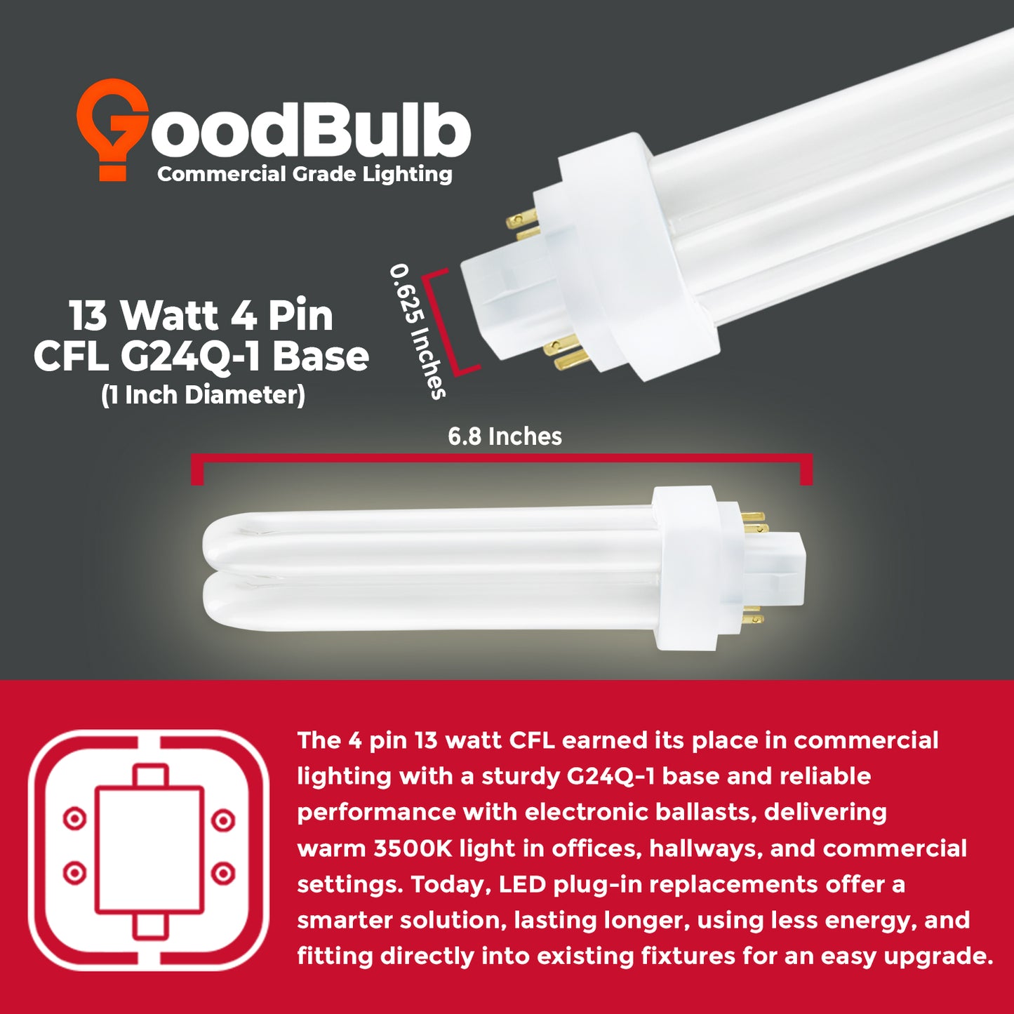 CF13W/835/DT/4P 13W CFL Plug-In Bulb with GX24Q-4 4-Pin Base size and dimensions chart
