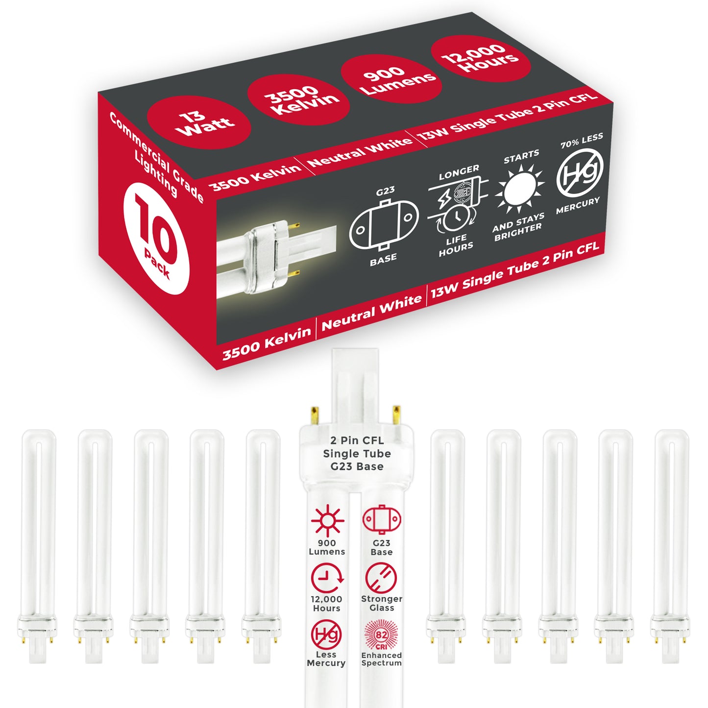 13 Watt CFL Light Bulbs - 2 Pin GX23 Base - 3500K Neutral White - 13W 900 Lumens - Single Tube Compact Fluorescent Light Bulbs Plug-in