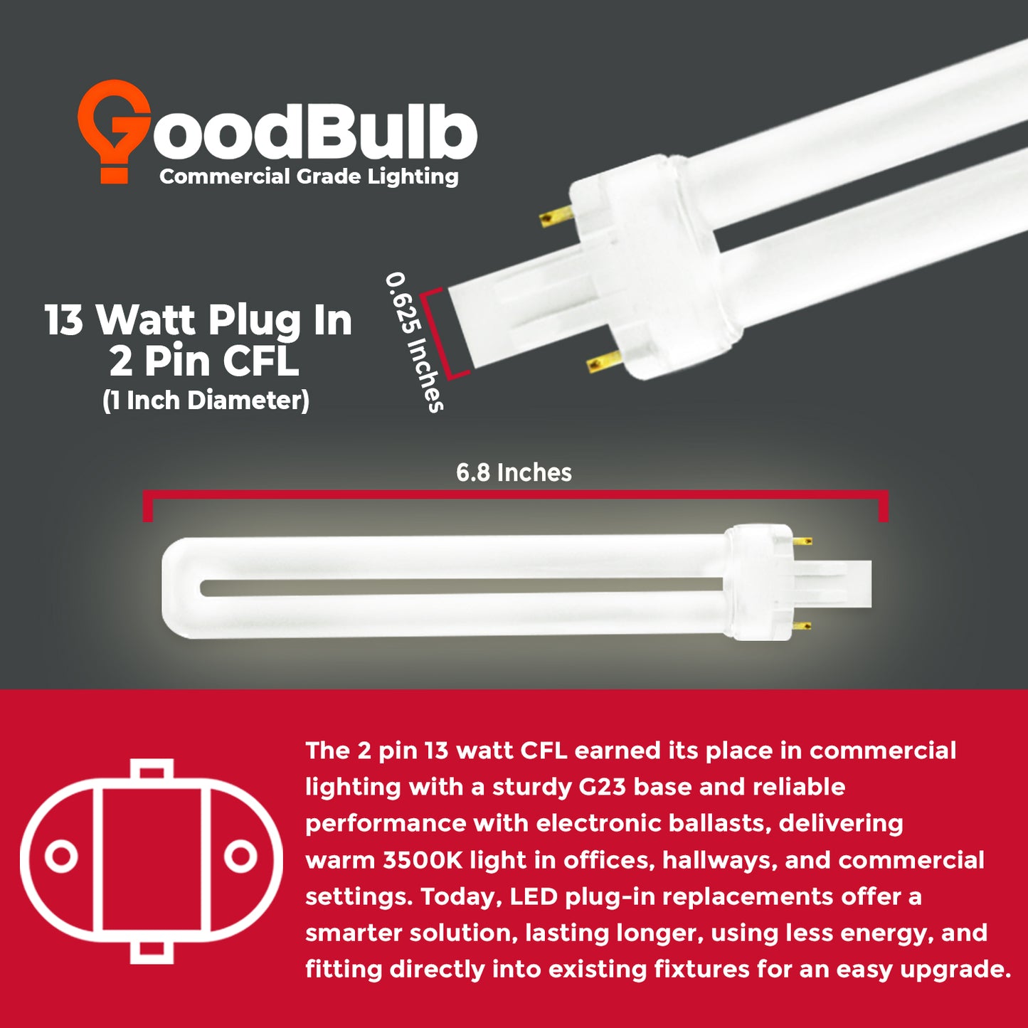 CF13W/835 GX23 LED retrofit bulb dimensions chart with length, width, and base details for installation