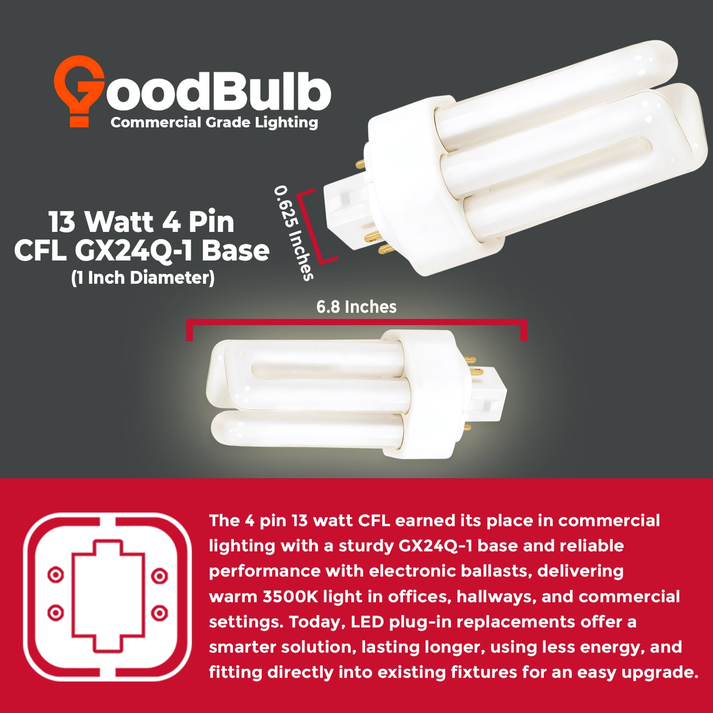 CF13W/835/TT/4P 13W Triple Tube CFL Bulb dimensions and size with GX24Q-1 4-Pin Base