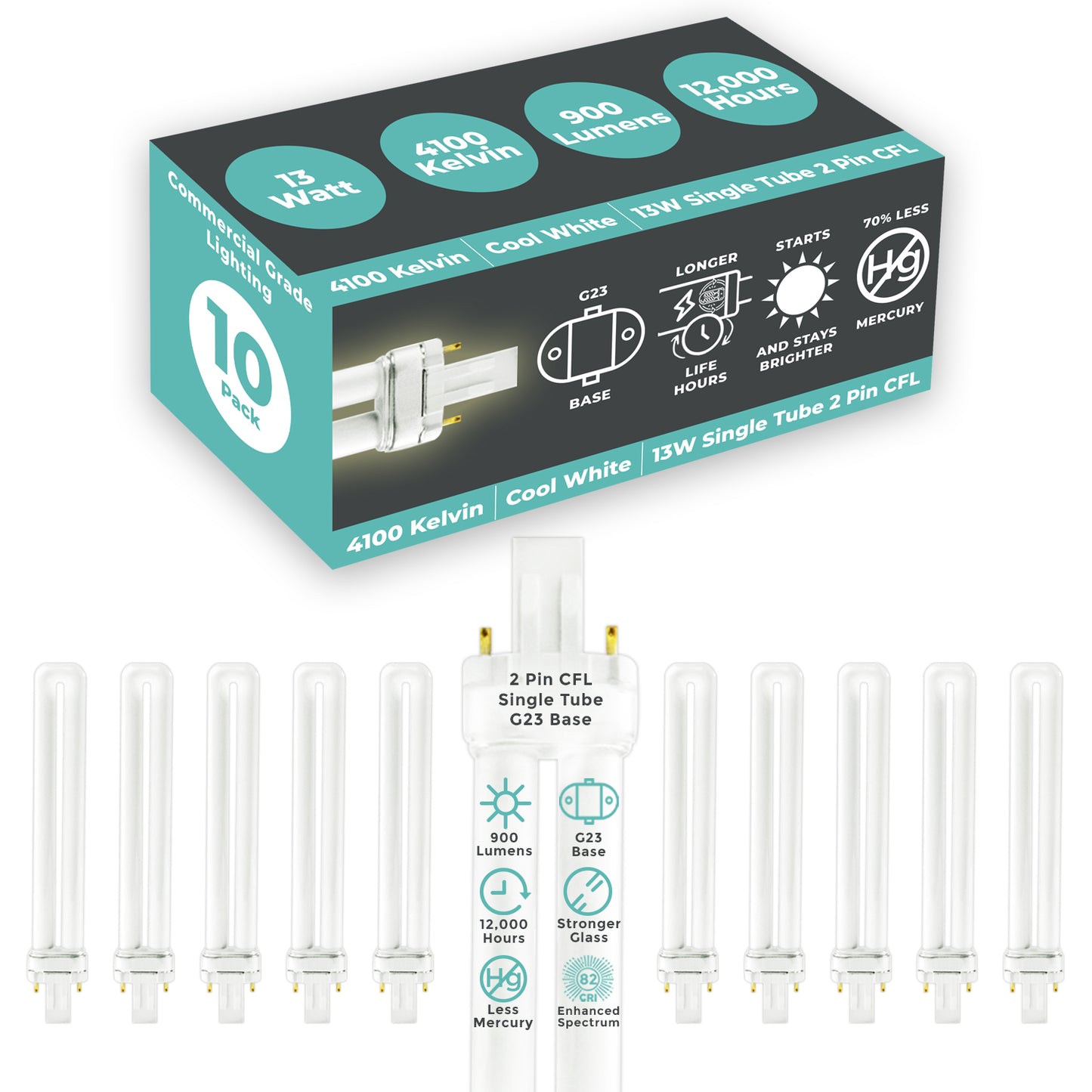 13 Watt CFL Light Bulbs - 2 Pin GX23 Base - 4100K Cool White - 13W 900 Lumens - Single Tube Compact Fluorescent Light Bulbs Plug-in