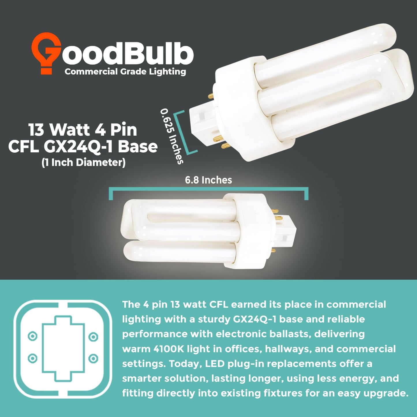 CF13W/841/TT/4P 13W Triple Tube CFL Bulb size and dimensions with GX24Q-1 4-Pin Base