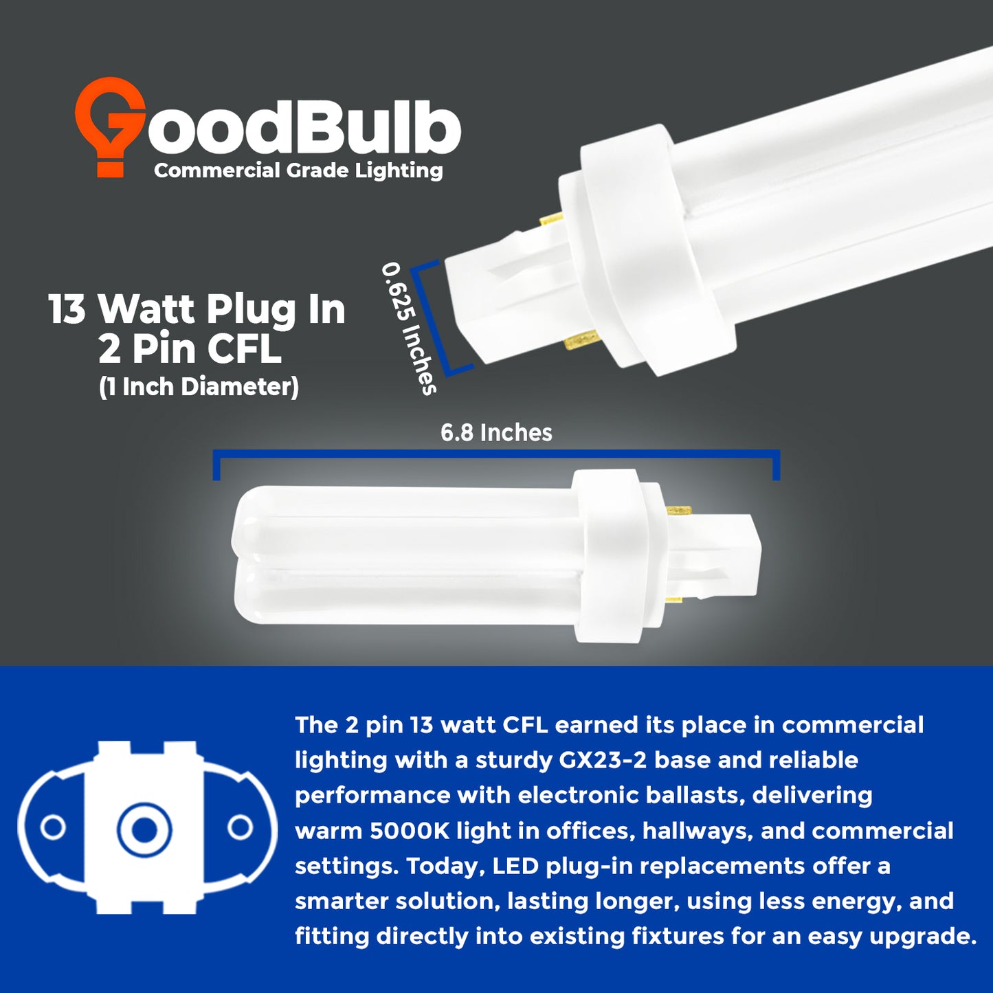 CF13W/850/DT/2P CFL bulb dimensions with length, width, and height measurements for fixture compatibility