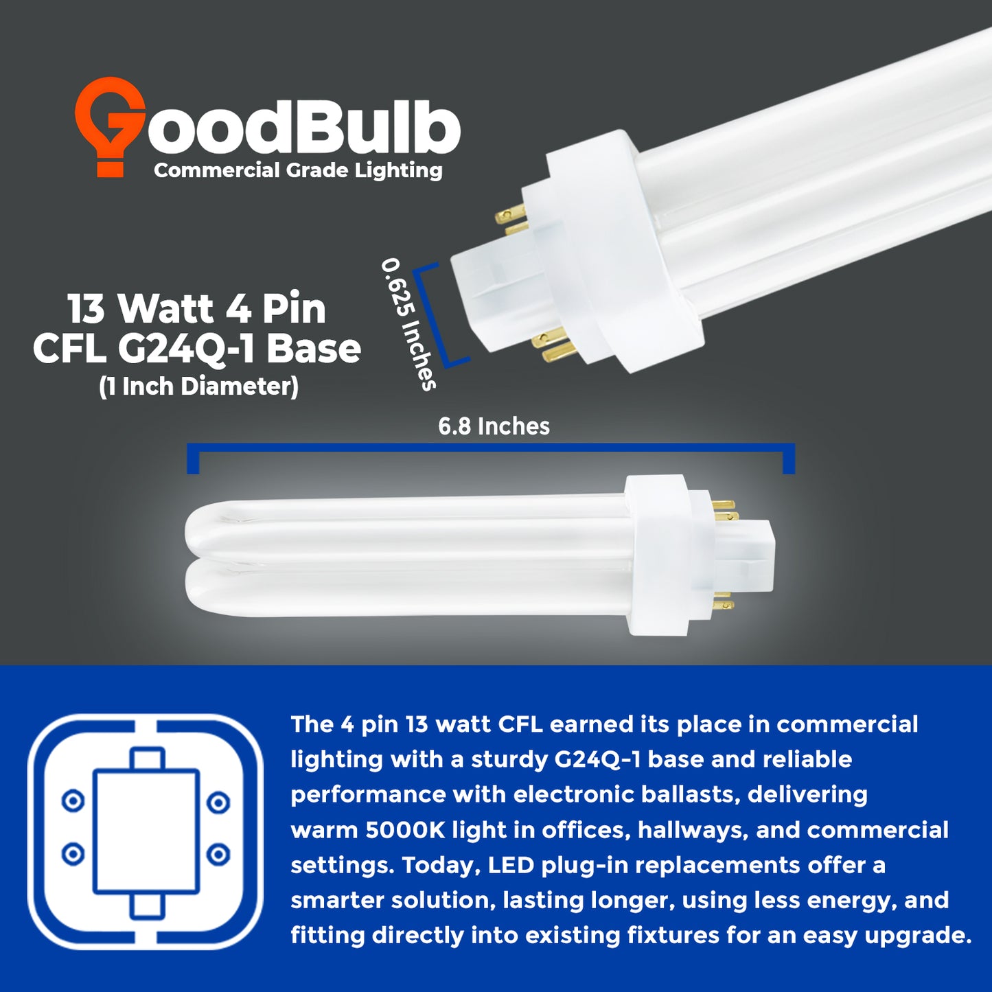 CF13W/850/DT/4P 13W CFL Plug-In Bulb with GX24Q-4 4-Pin Base size and dimensions chart