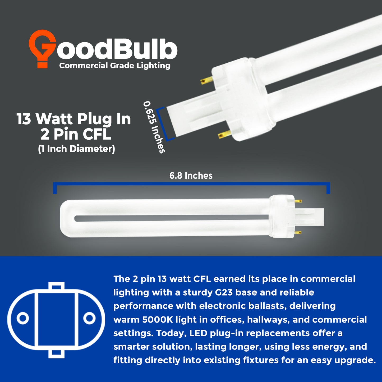 CF13W/850/ST/2P GX23 LED Bulb Dimensions – Compact 13W Plug-In Lamp Size Guide
