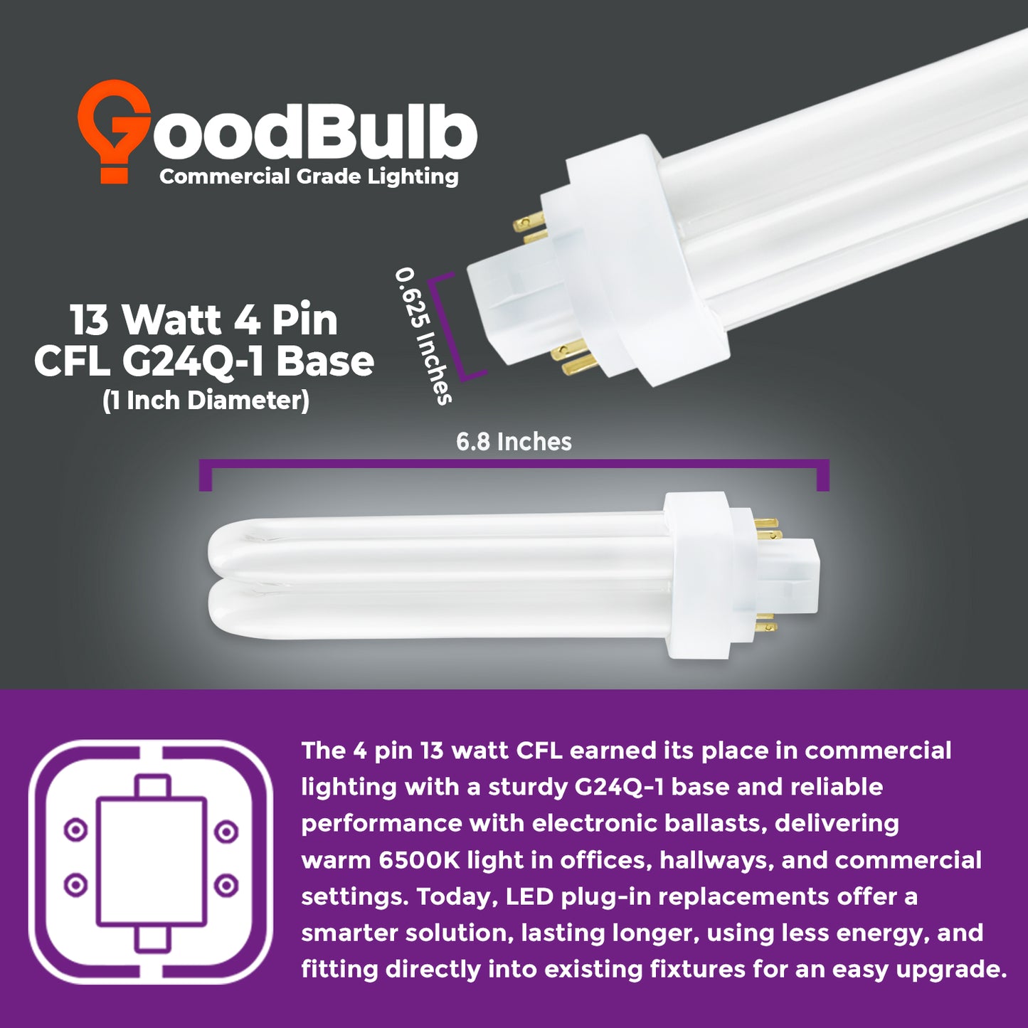 CF13W/865/DT/4P 13W CFL Plug-In Bulb size and dimensions with GX24Q-4 4-Pin Base