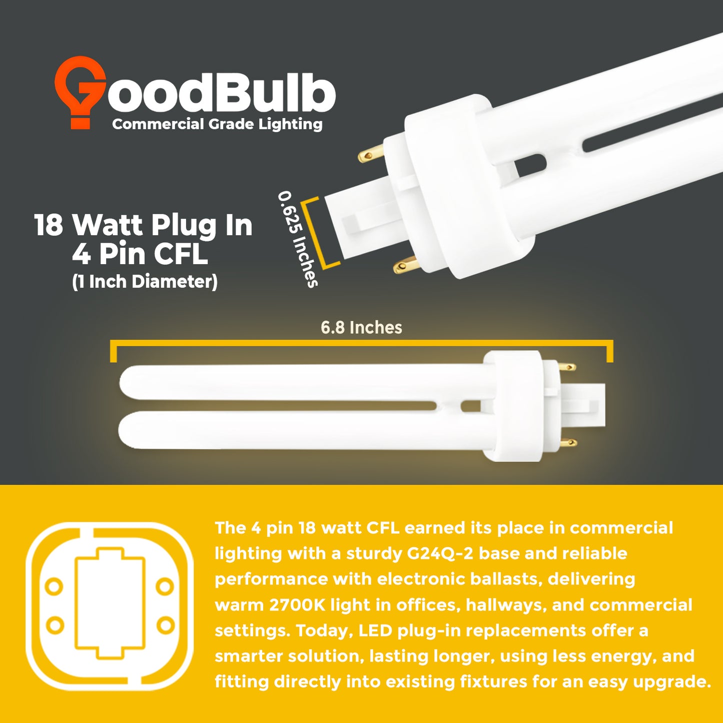 CF18W/827/DT/4P 18W Compact Fluorescent Double Twin Lamp size dimensions with 4-Pin G24q-2 base