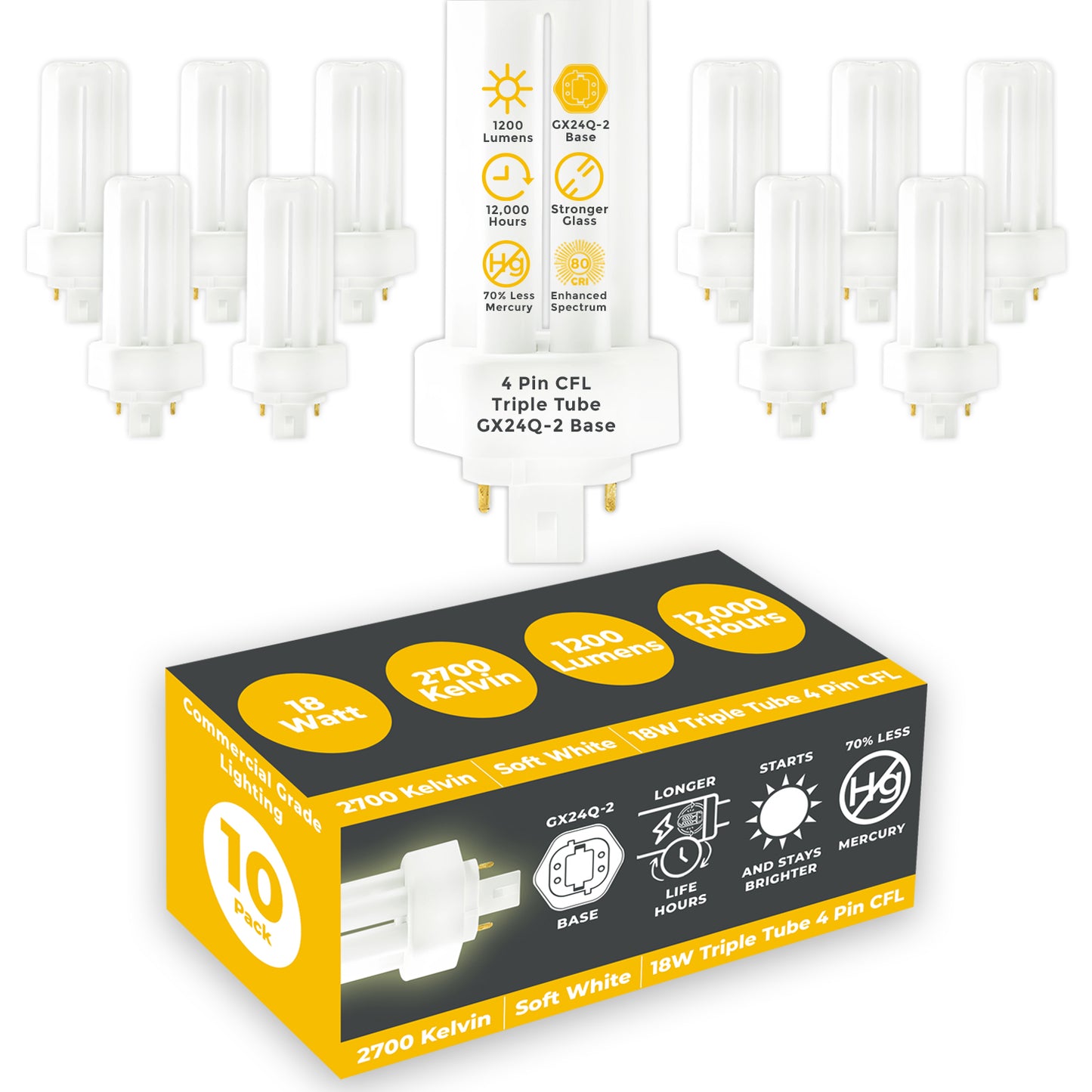 18 Watt CFL Light Bulbs - 4 Pin GX24Q-2 Base - 2700K Incandescent Glow - 18W 1200 Lumens - Triple Tube Compact Fluorescent Light Bulbs Plug-in