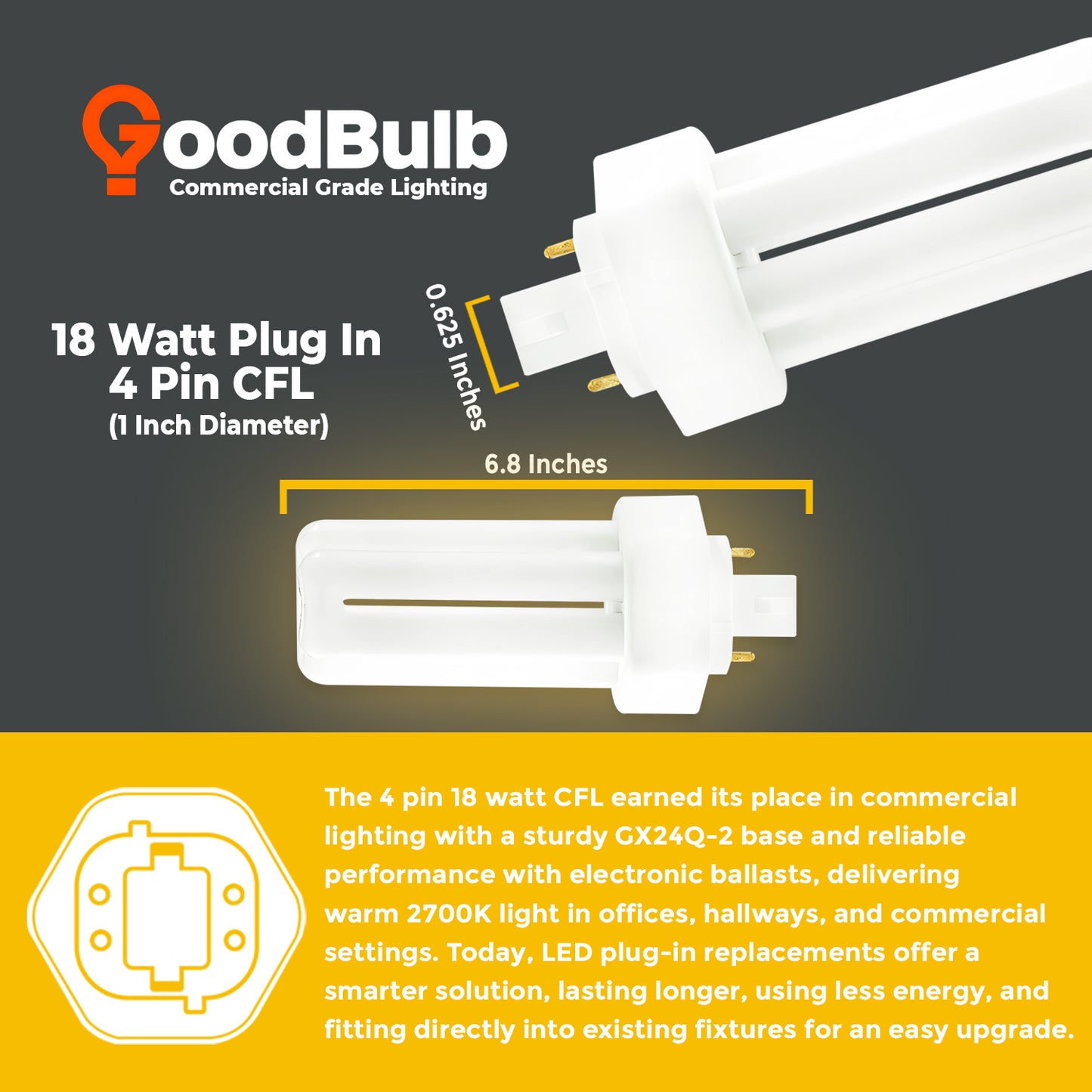 CF18W/827/TT/4P compact fluorescent bulb with detailed dimensions for length and width measurements