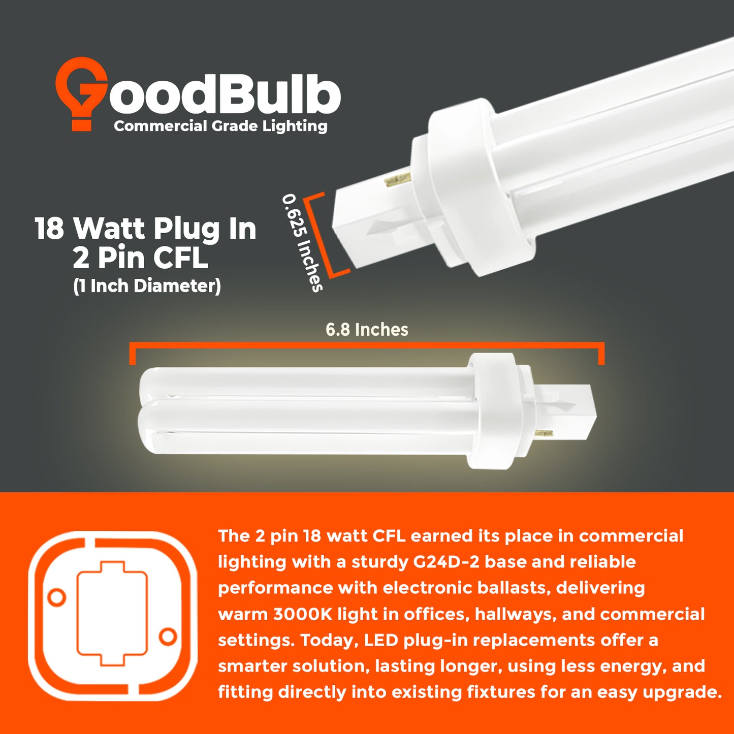 CF18W/830/DT/2P 18W CFL Double Tube Plug-In Light Bulb size and dimensions with 2-Pin G24d-2 base