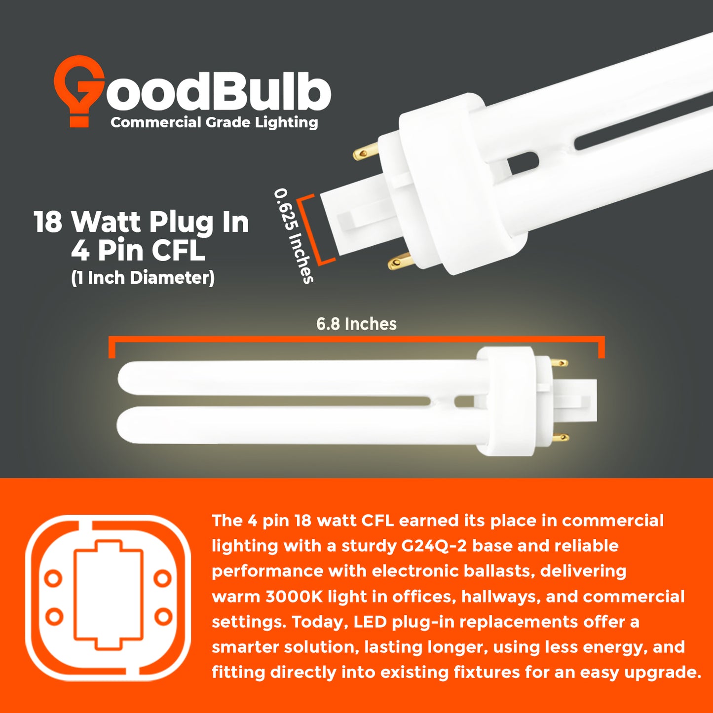 CF18W/830/DT/4P 18W Compact Fluorescent Double Twin Lamp size dimensions with 4-Pin G24q-2 base