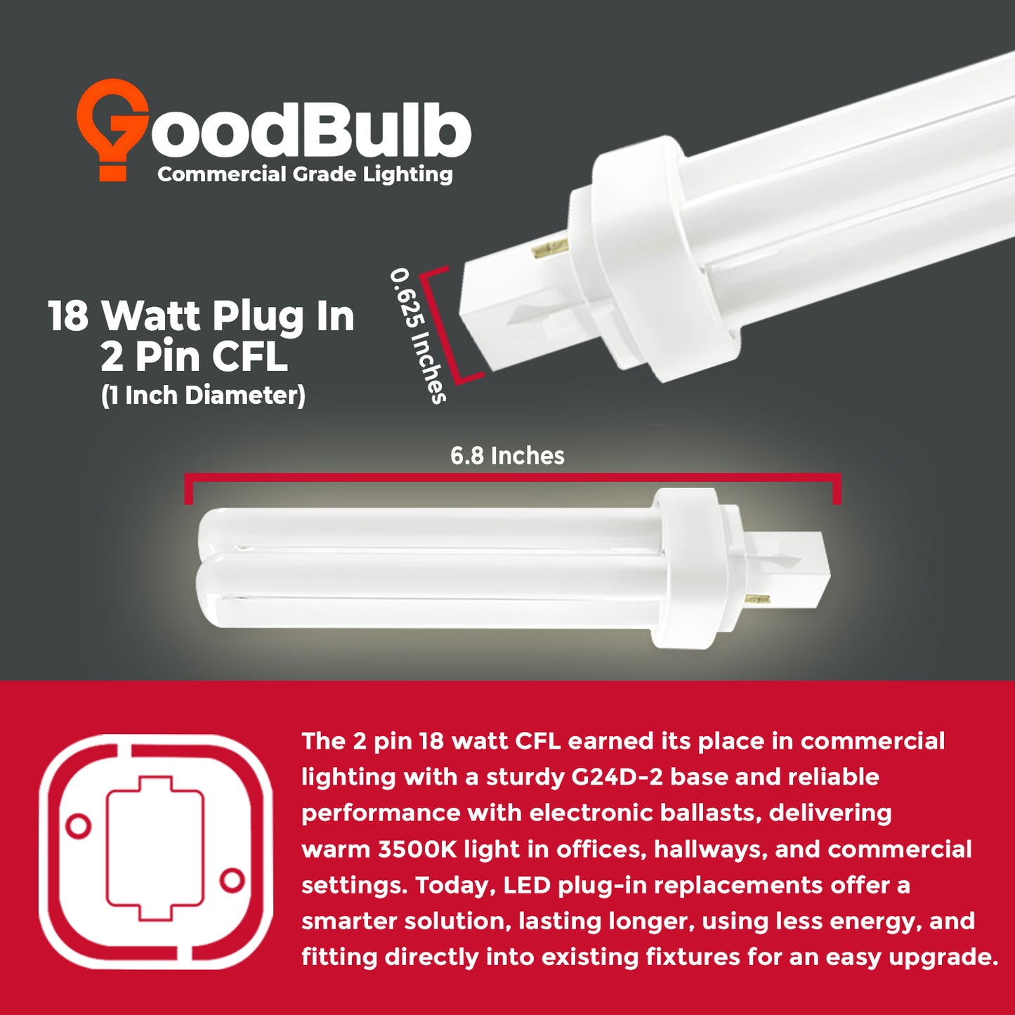 CF18W/835/DT/2P 18W CFL Double Tube Plug-In Light Bulb dimensions and size with 2-Pin G24d-2 base