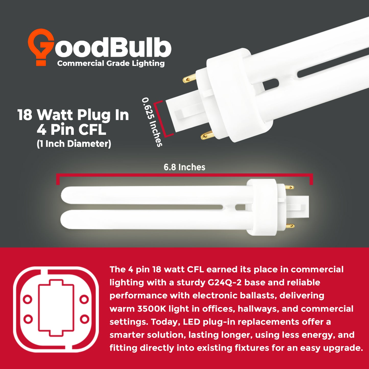 CF18W/835/DT/4P 18W Compact Fluorescent Double Twin Lamp dimensions with 4-Pin G24q-2 base size guide