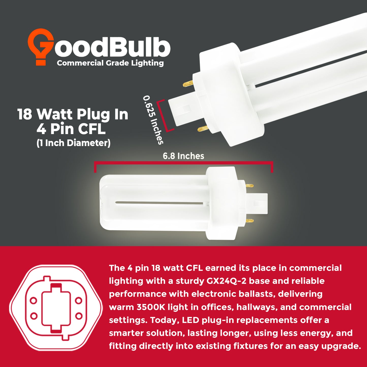 CF18W/835/TT/4P compact fluorescent bulb with product dimensions showing length and width measurements