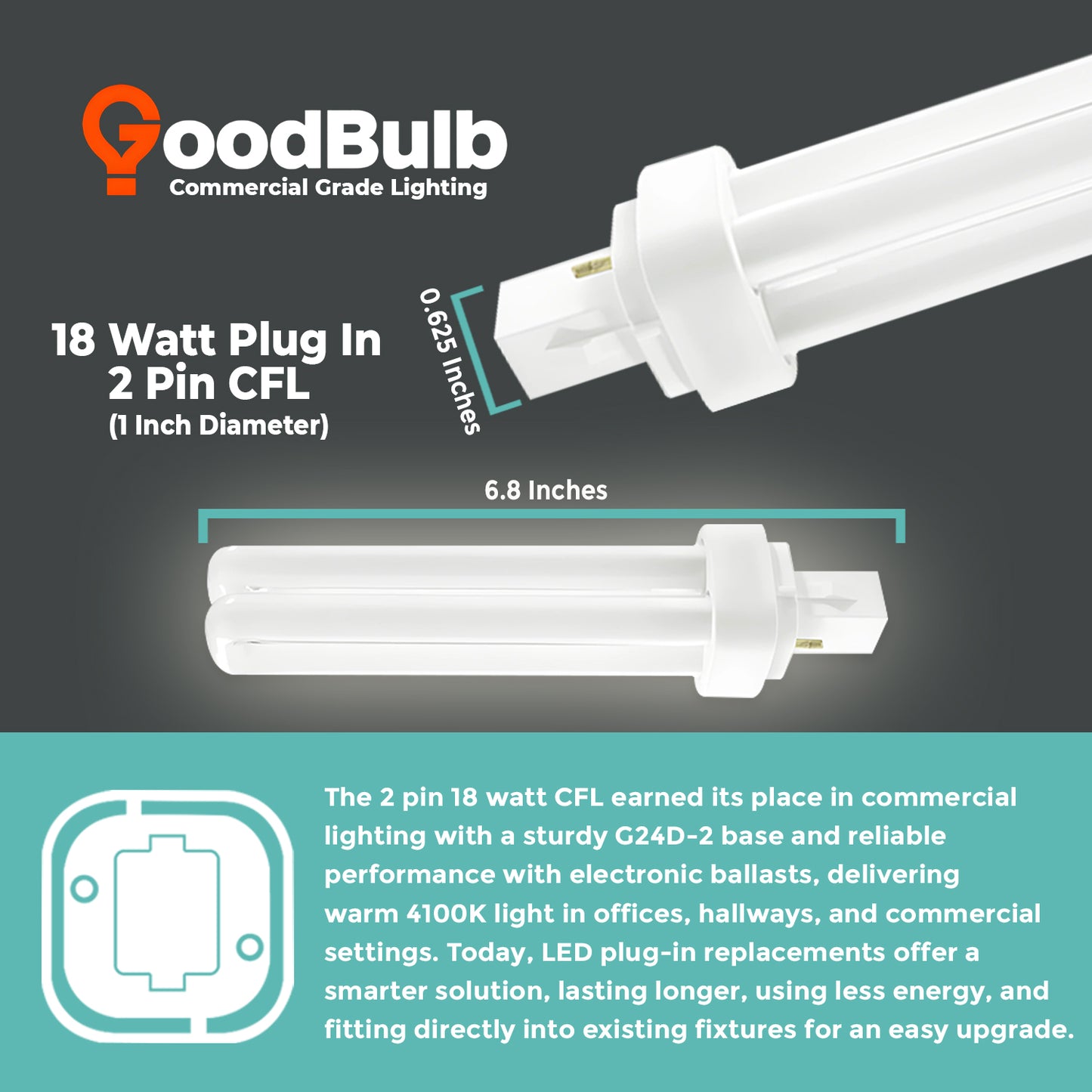 CF18W/841/DT/2P 18W CFL Double Tube Plug-In Light Bulb dimensions and size with 2-Pin G24d-2 base