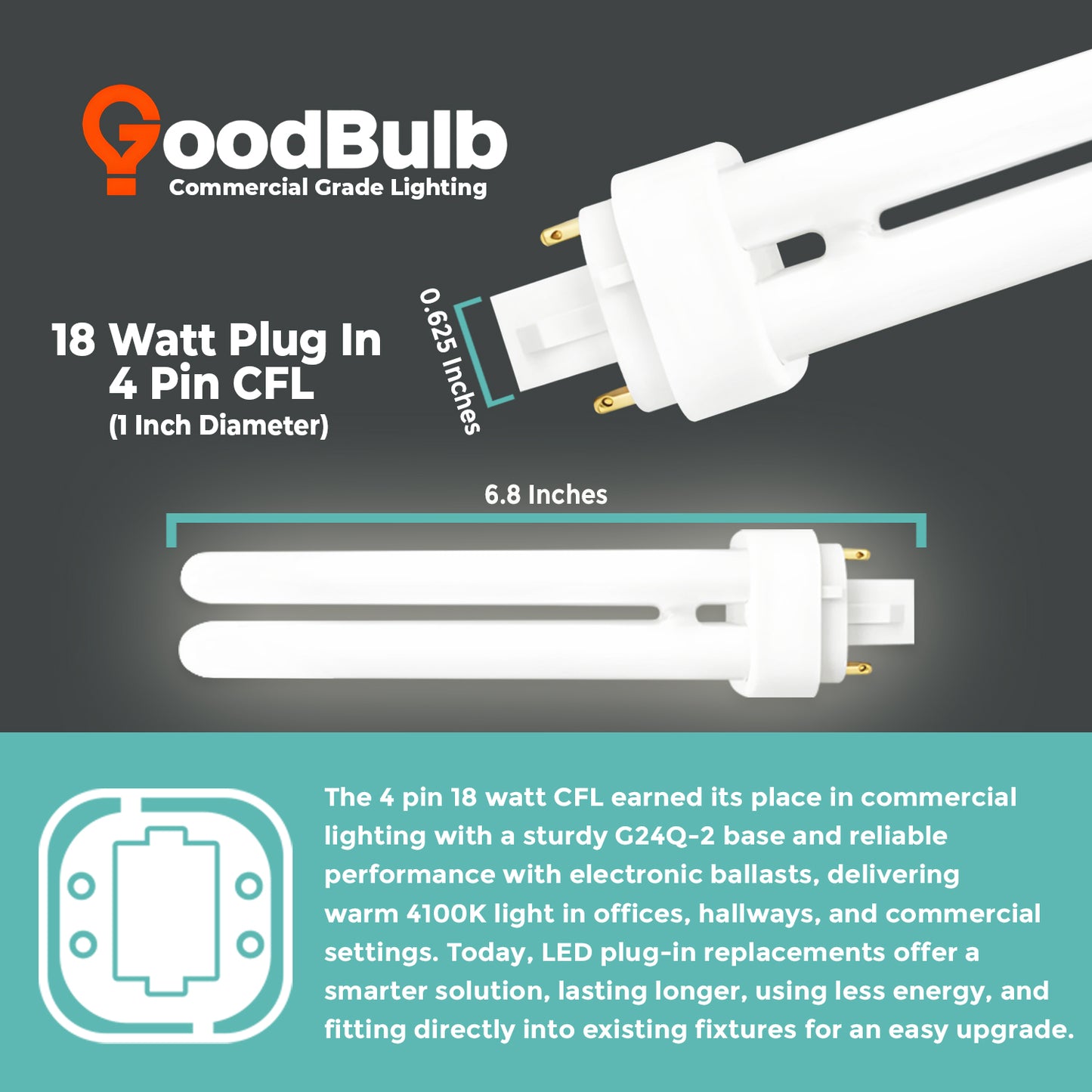 CF18W/841/DT/4P 18W Compact Fluorescent Double Twin Lamp dimensions with 4-Pin G24q-2 base size guide