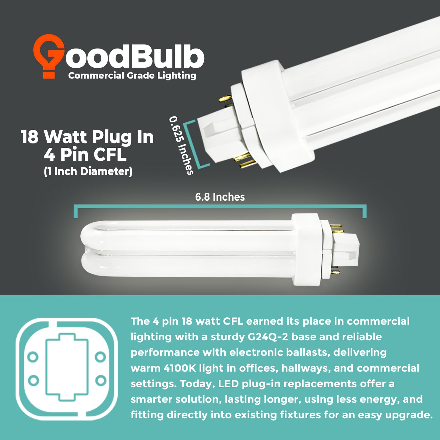 CF18W/841/QT/4P quad tube compact fluorescent bulb with product dimensions showing length and width