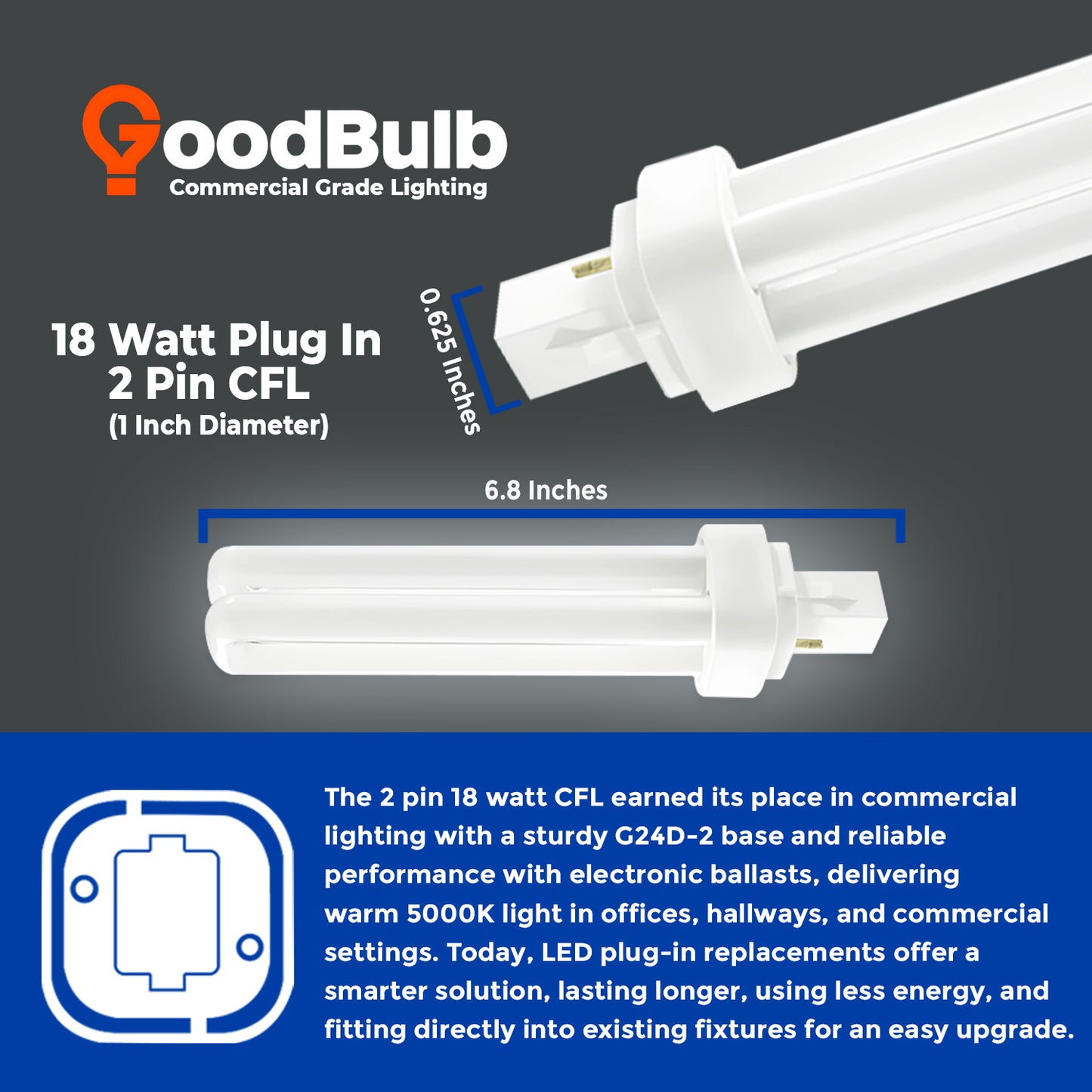 CF18W/850/DT/2P 18W CFL Double Tube Plug-In Bulb dimensions and size with 2-Pin G24d-2 base