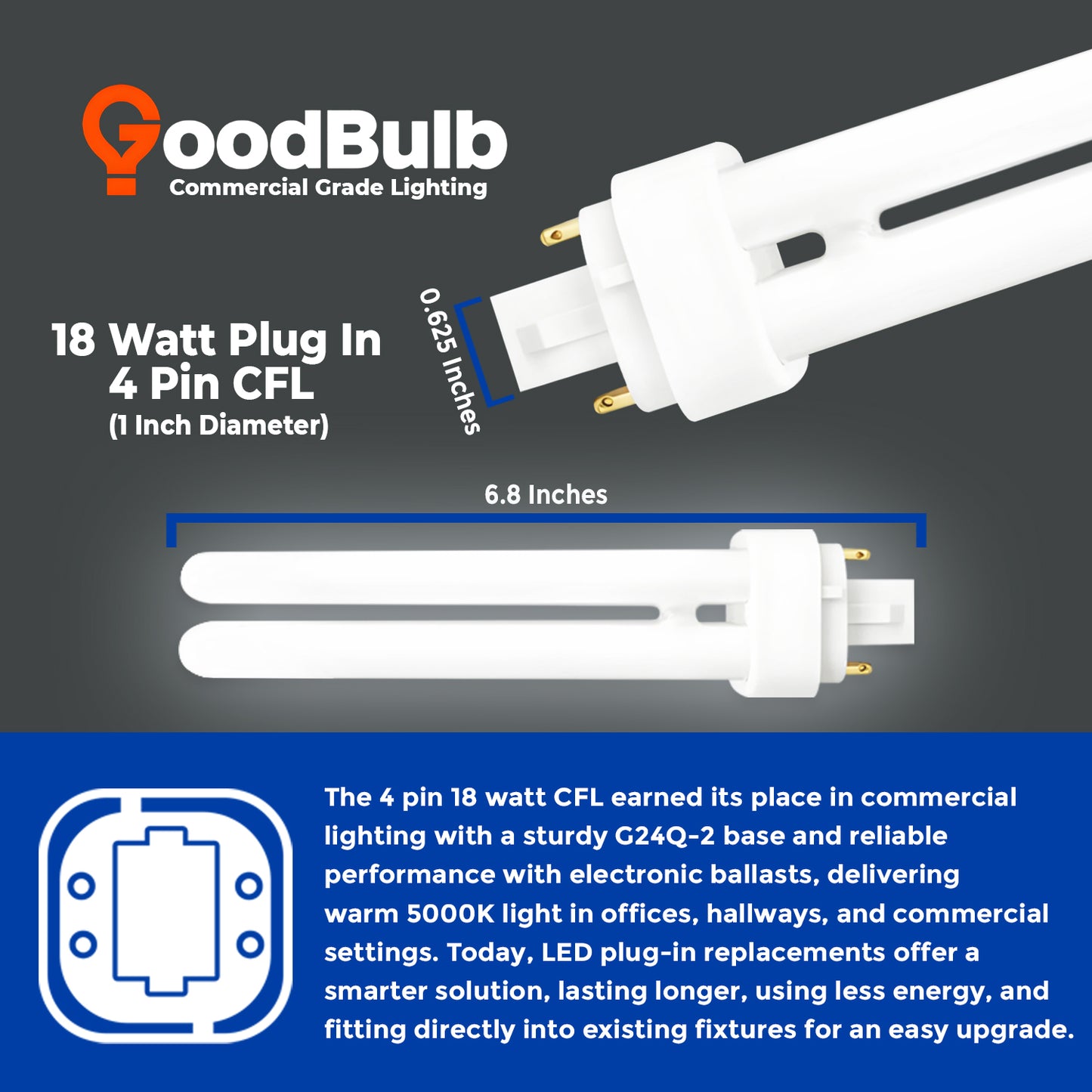 CF18W/850/DT/4P 18W Compact Fluorescent Double Twin Lamp dimensions with 4-Pin G24q-2 base size guide