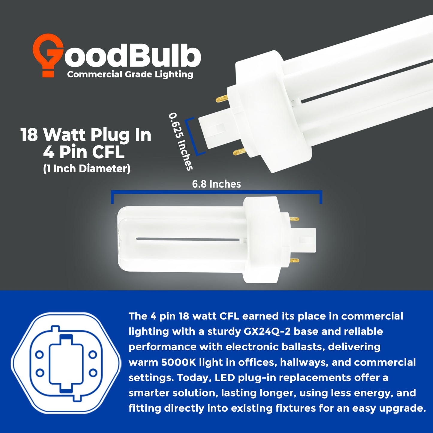 CF18W/850/TT/4P compact fluorescent bulb with detailed product dimensions for length and width