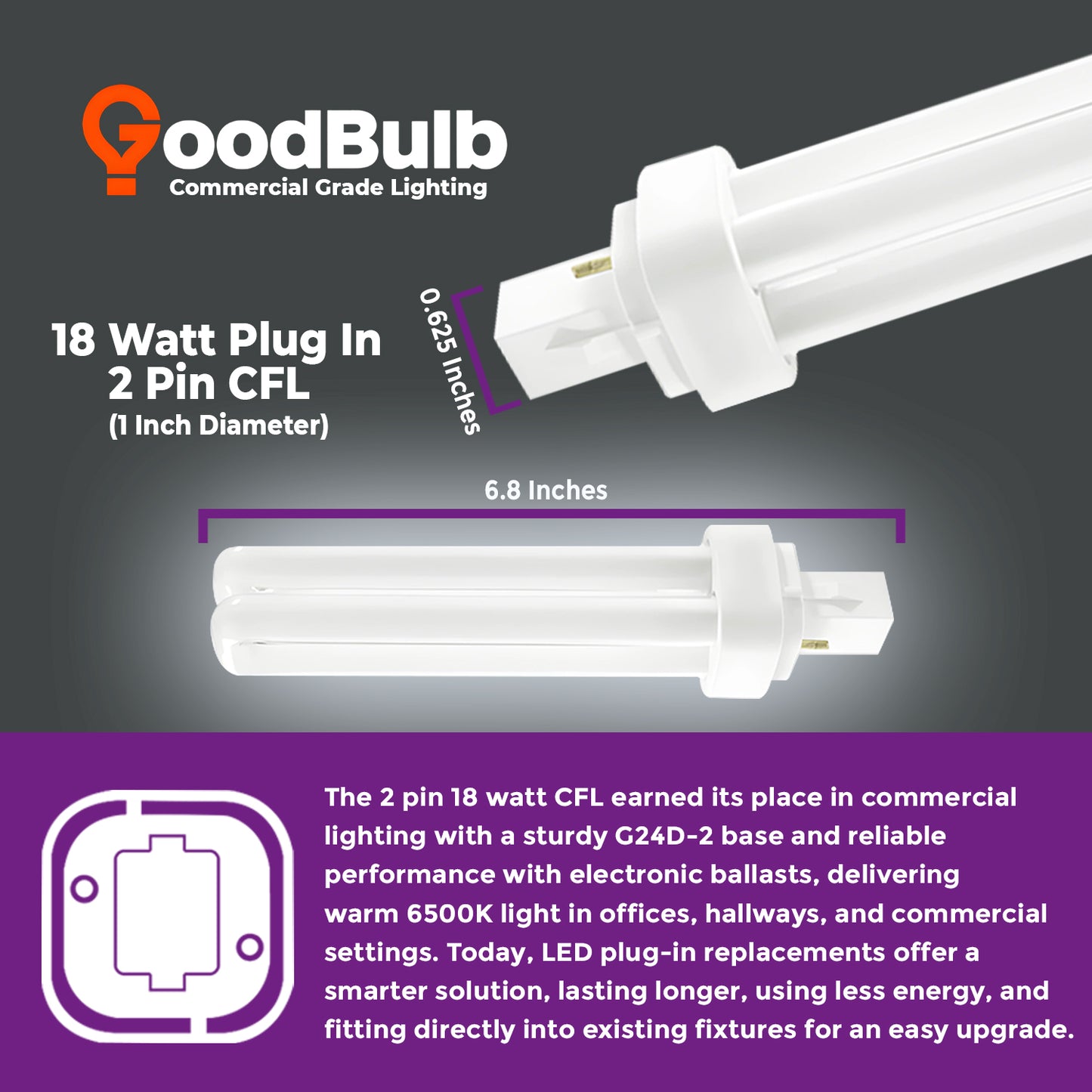 CF18W/865/DT/2P 18W CFL Double Tube Plug-In Bulb dimensions and size with 2-Pin G24d-2 base