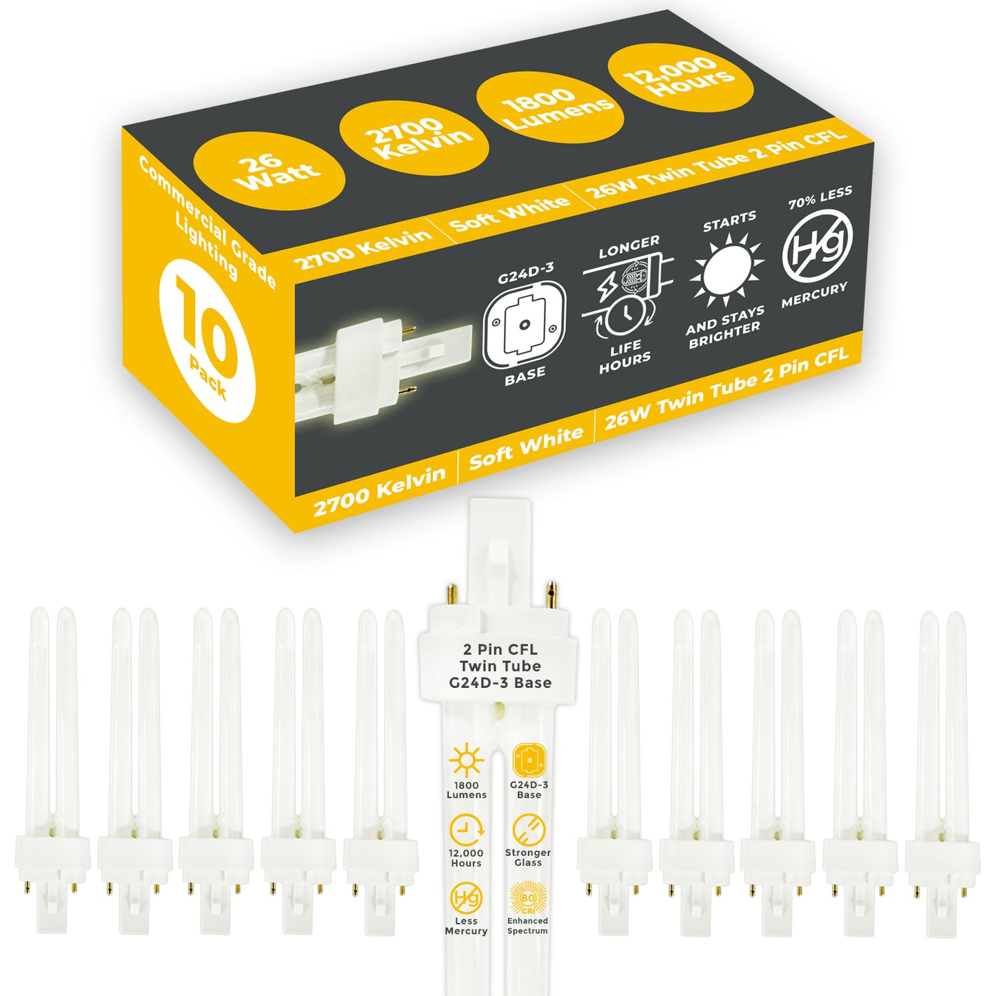 26 Watt CFL Bulbs - 2700K Incandescent Glow - 2 Pin G24D-3 - 26W 1800 Lumens - Double Tube Compact Fluorescent Plug-in