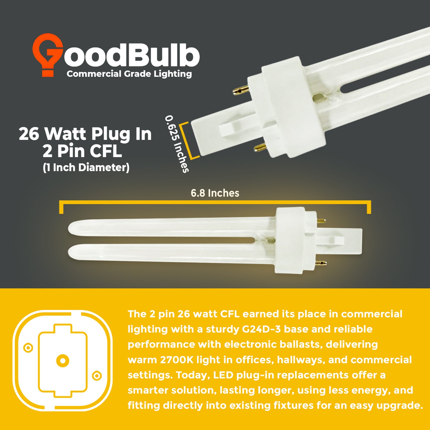 CF26W/827/DT/2P compact fluorescent double tube bulb dimensions – 26 watt 2-pin plug-in lamp size guide