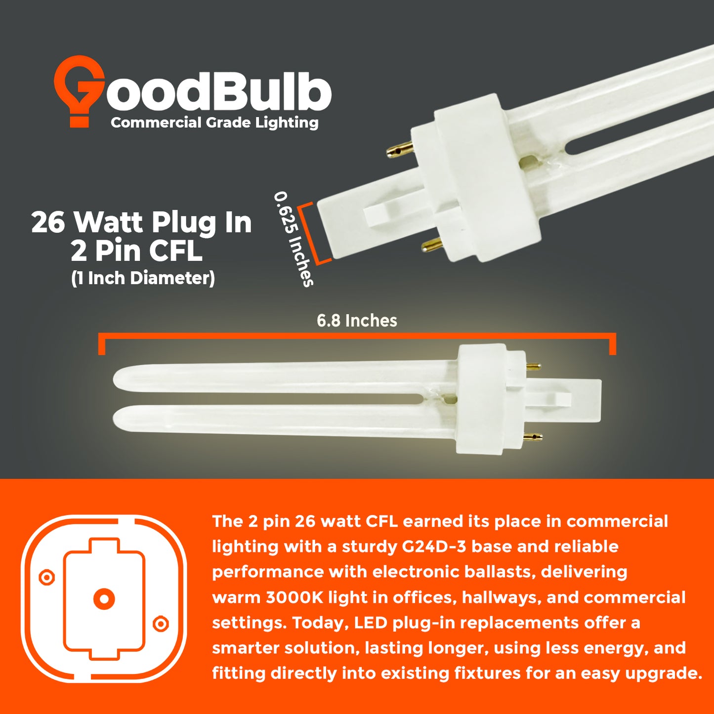 CF26W/830/DT/2P compact fluorescent double tube bulb dimensions – 26 watt 2-pin plug-in lamp size guide