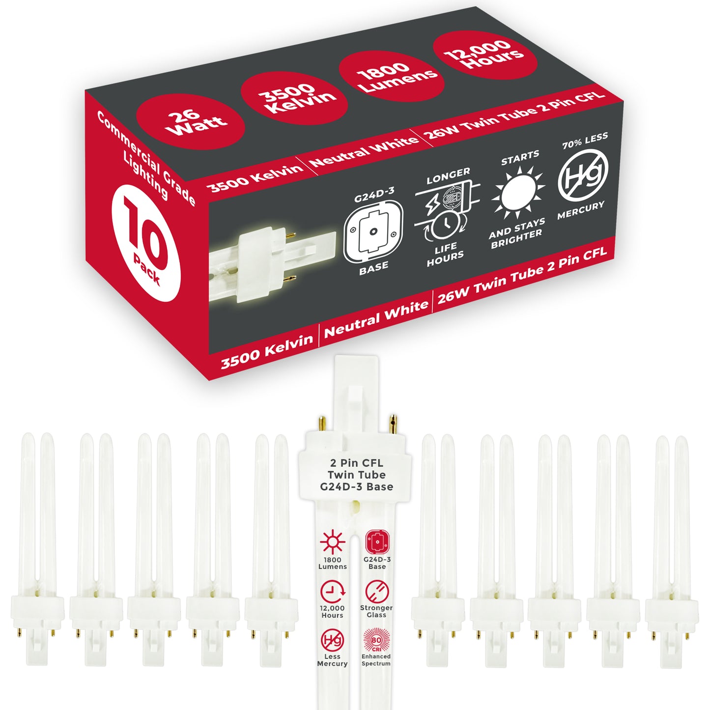 26 Watt CFL Bulbs - 3500K Soft White - 2 Pin G24D-3 - 26W 1800 Lumens - Double Tube Compact Fluorescent Plug-in