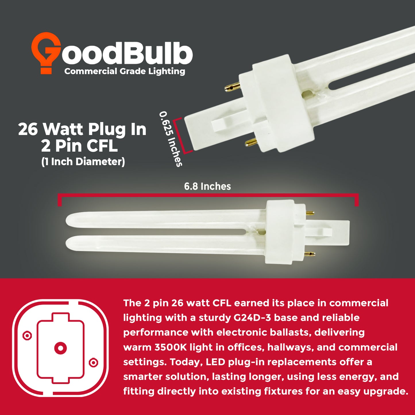 CF26W/835/DT/2P compact fluorescent double tube bulb dimensions – 26 watt 2-pin plug-in lamp size guide
