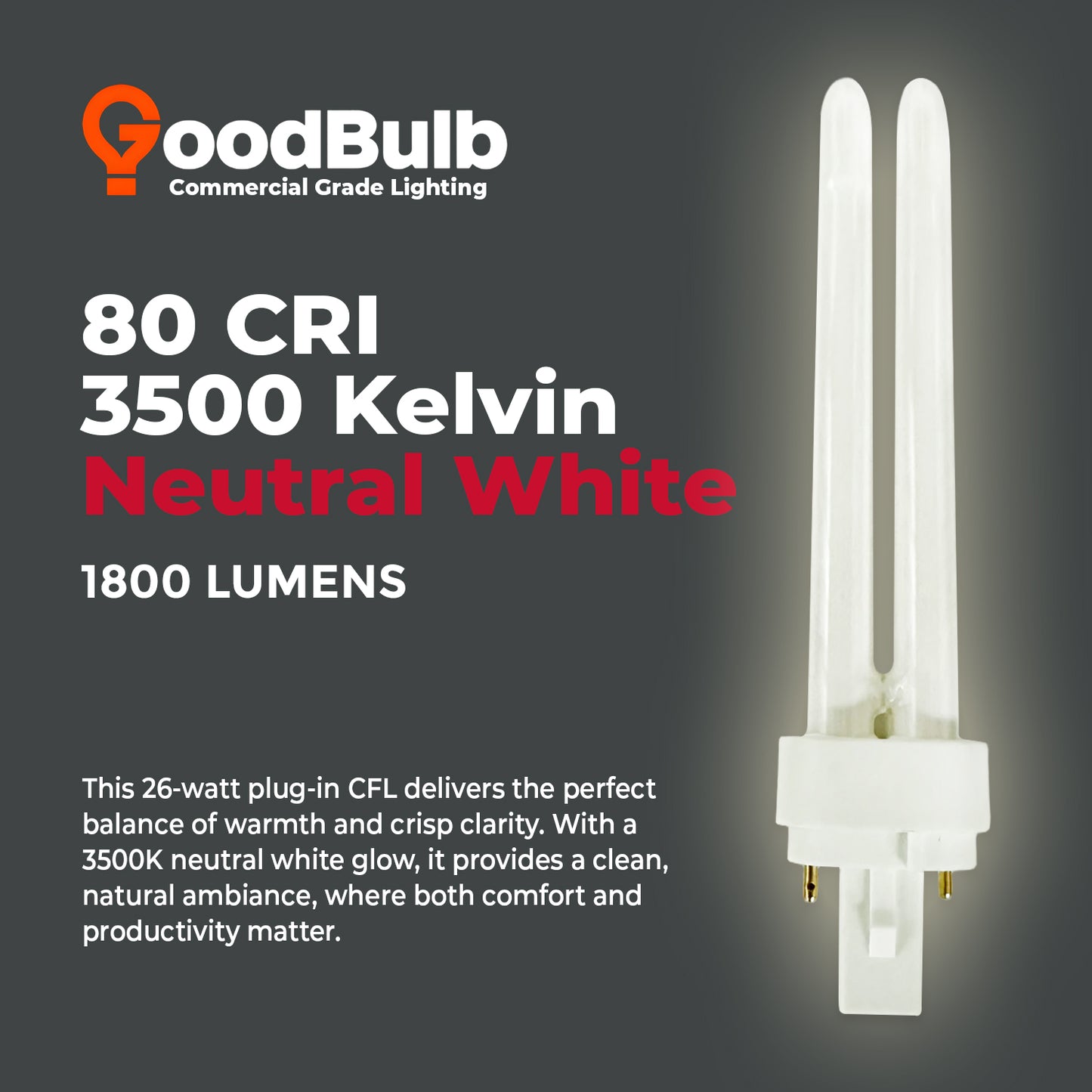 3500K neutral white compact fluorescent bulb – CF26W/835/DT/2P double tube CFL color temperature lighting