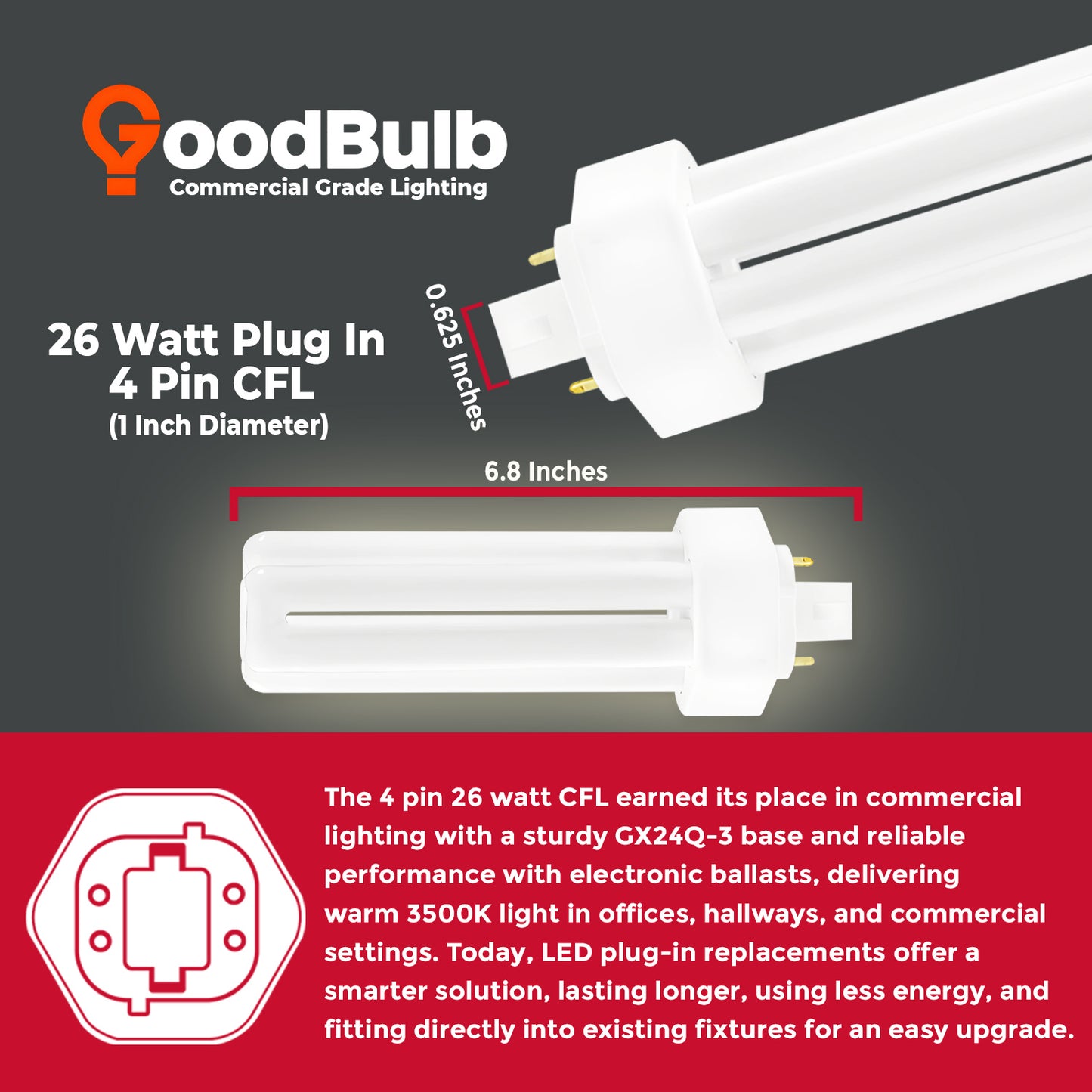 CF26W/835/TT/4P compact fluorescent light bulb showing length and width dimensions for installation fit