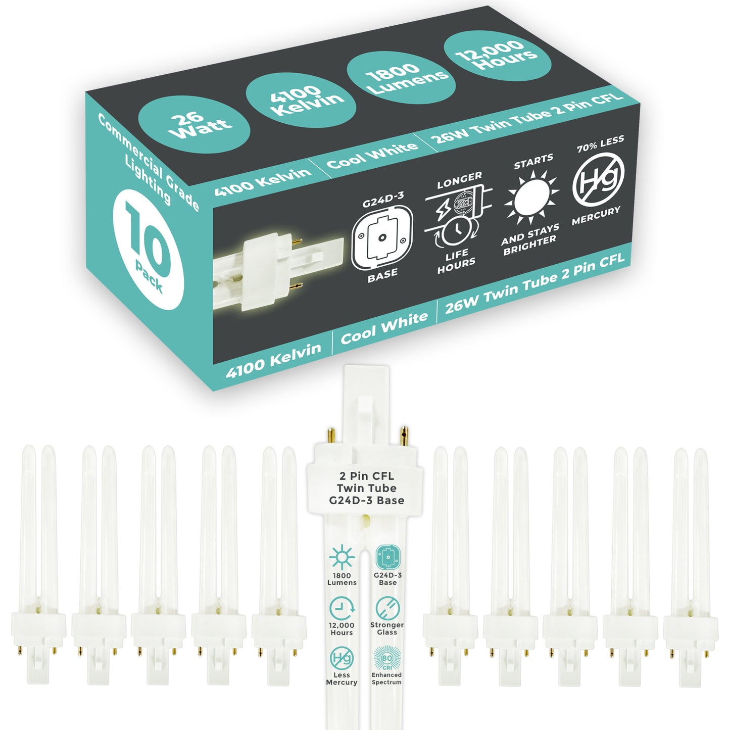 26 Watt CFL Bulbs - 4100K Cool White - 2 Pin G24D-3 - 26W 1800 Lumens - Double Tube Compact Fluorescent Plug-in