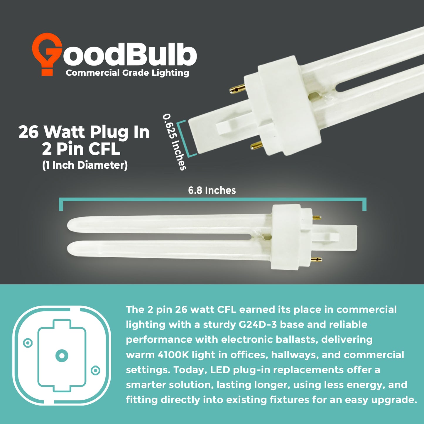 CF26W/841/DT/2P compact fluorescent double tube bulb dimensions – 26 watt 2-pin plug-in lamp size chart