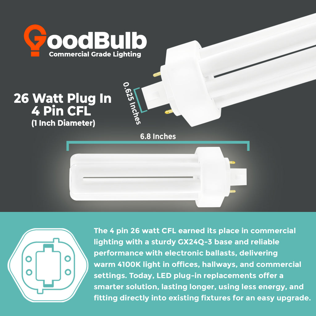 CF26W/841/TT/4P compact fluorescent light bulb with detailed dimensions for proper fixture fit