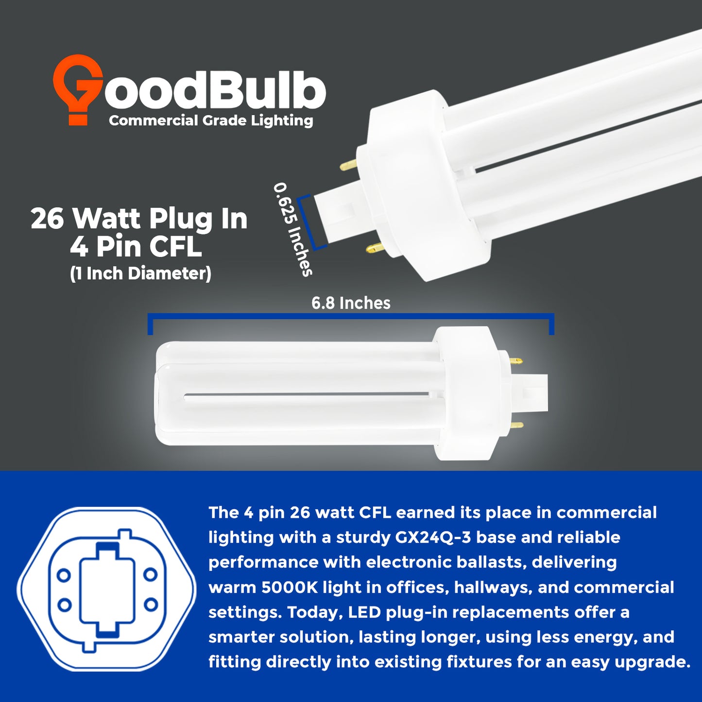 CF26W/850/TT/4P compact fluorescent bulb with detailed dimensions for proper fixture compatibility