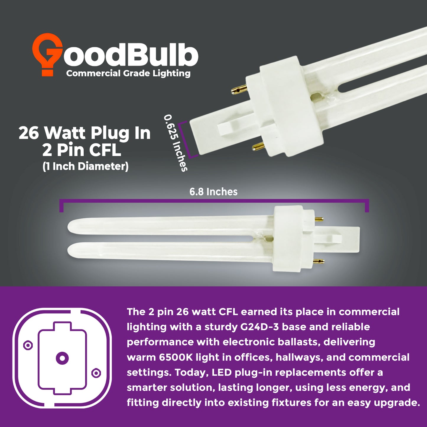 CF26W/865/DT/2P compact fluorescent double tube bulb dimensions – 26 watt 2-pin plug-in lamp size chart