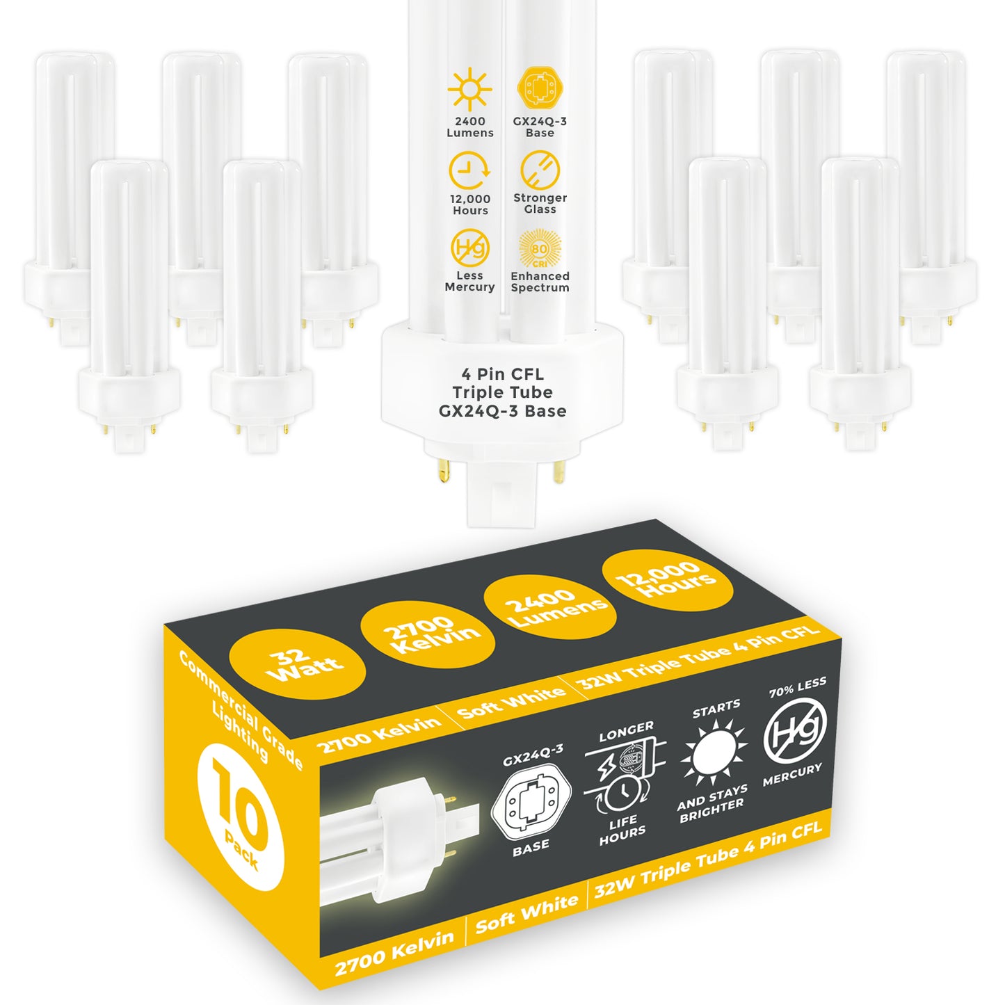 32 Watt CFL Light Bulbs - 4 Pin GX24Q-3 Base - 2700K Incandescent Glow - 32W 2400 Lumens - Triple Tube Compact Fluorescent Light Bulbs Plug-in